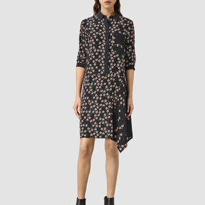 AllSaints Womens Floral Silk Shirt Dress Size 8 Black Quiet Luxury Asymmetric